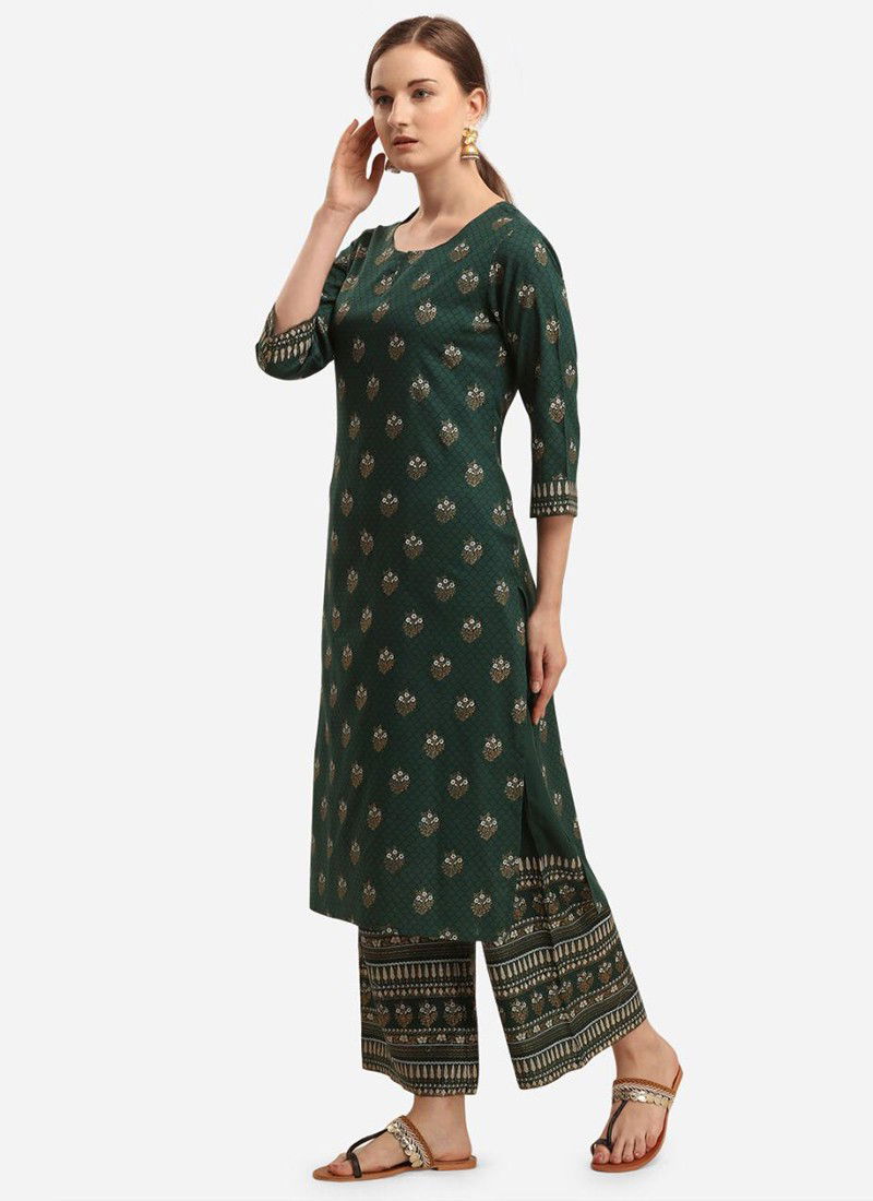 Green Colour Fancy Designer Ethnic Regular Wear Cotton Printed Kurti And Palzzo Latest Collection 116